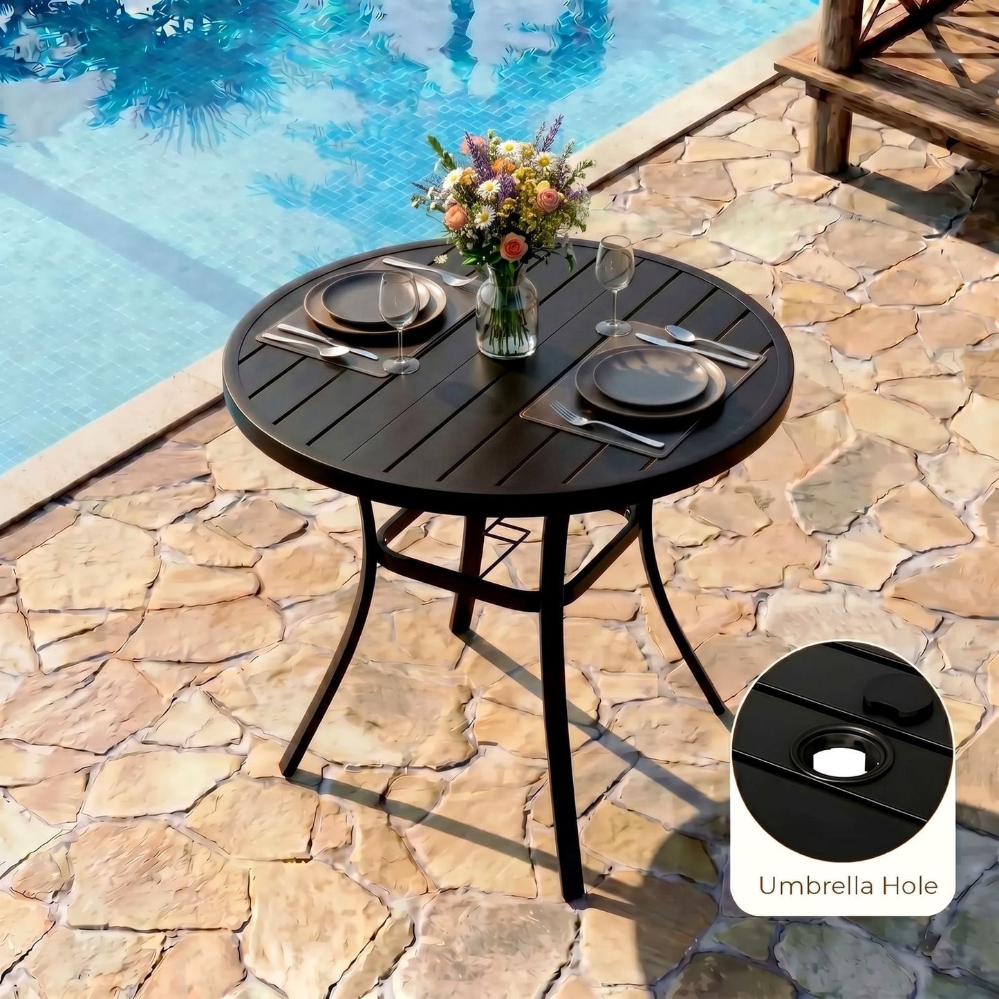 Pirecart Patio Table, Patio Dining Table with Adjustable Umbrella Hole & Foot Pads, Outdoor Round Dining Table , Metal Steel Frame & Non-Rust E-coating, for All Weather