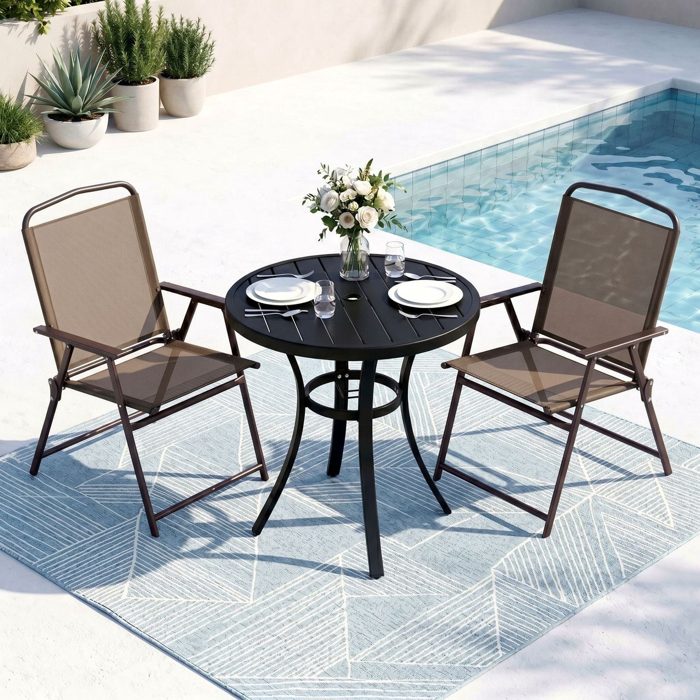Pirecart 3/5Pcs Outdoor Dining Set, 2/4 Textilene Folding Chairs W/ 41.1" Round Dining Table, for Deck, Garden, Pool, Yard & Camping