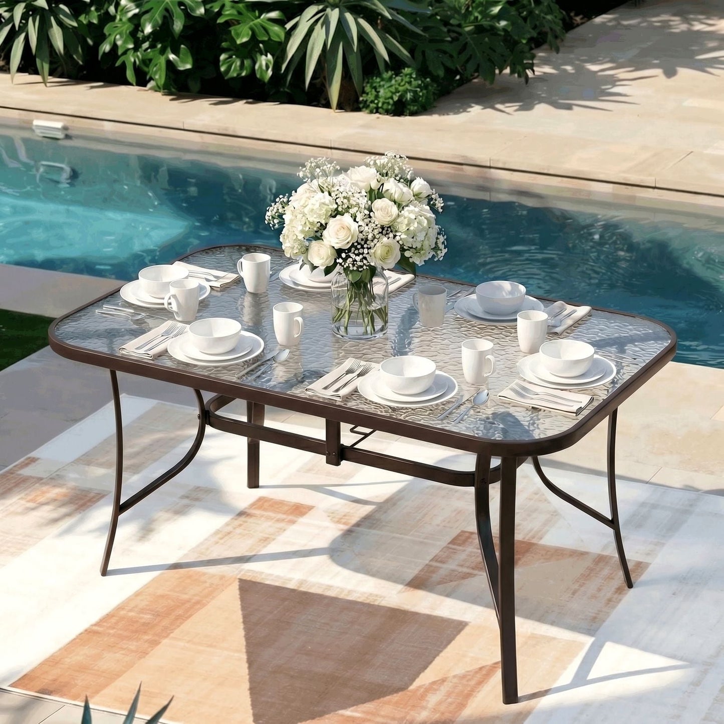 Piecart Outdoor Dining Table with Umbrella Hole, Rectangular Glass Patio Table, Patio Table for Outside, Garden, Balcony