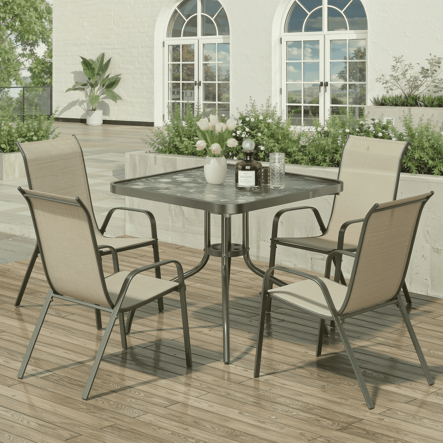Pirecart Patio Dining Set of 5, Outdoor Furniture Set with 4 Stackable Textilene Armchairs & Square Table