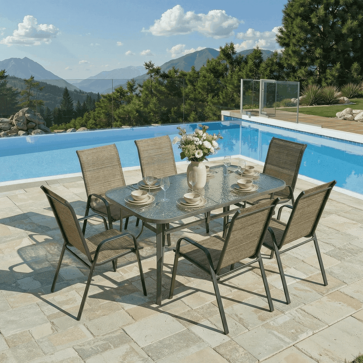 Pirecart Outdoor Table and Chair Set of 7, Textilene Patio Furniture Set Suitable for All Weather with Umbrella Hole, for Backyard Poolside