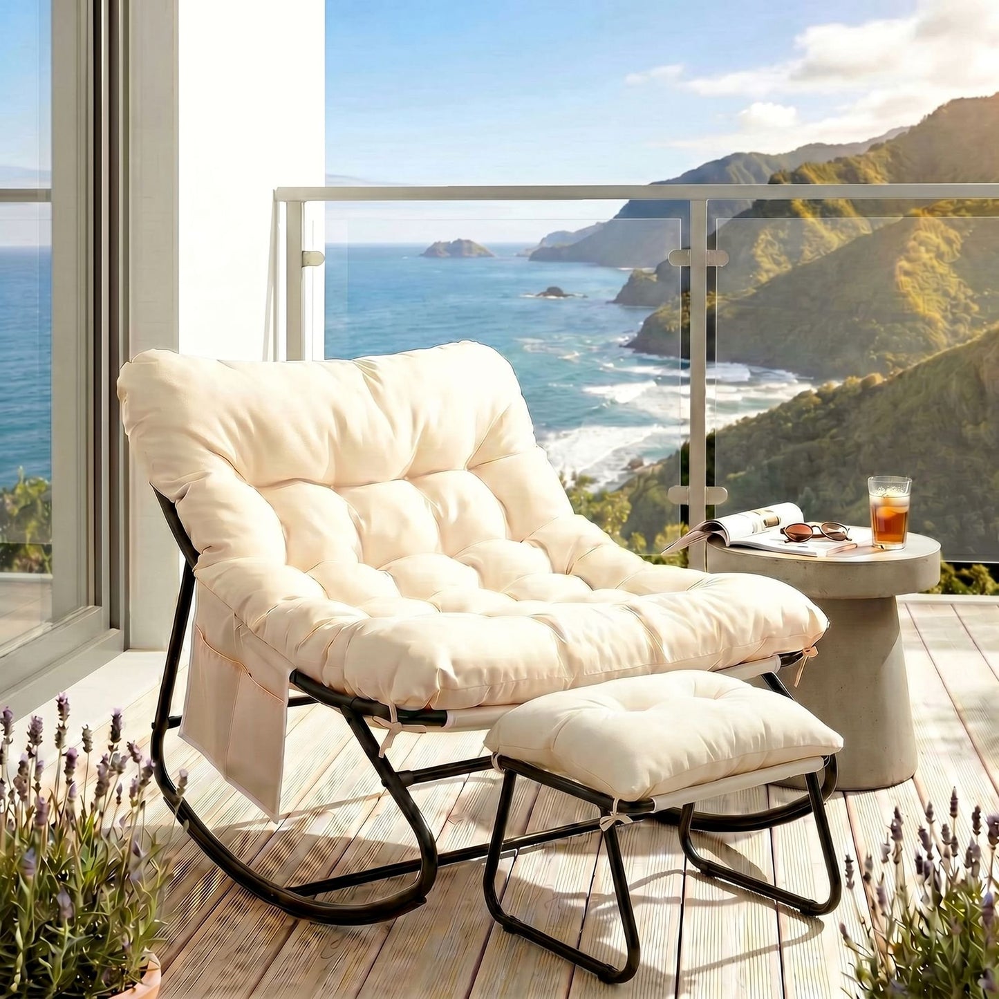 Pirecart Outdoor Papasan Rocking Chair, Lounge Chair with Cushion & Side Pocket, Metal Frame, Patio Rocker Chair for Balcony Backyard