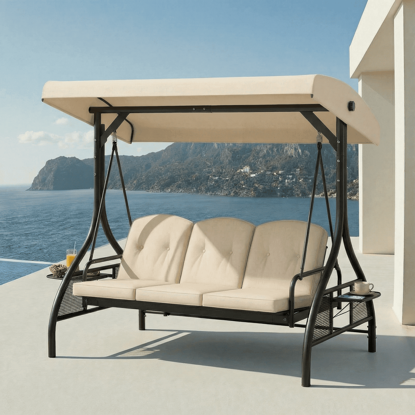 Pirecart Patio Porch Swing, 3 Seat Porch Swing with Stand and Adjustable Canopy, Outdoor Swing with Cup Holder & 180° Reclining Chair Back for Yard Garden Deck
