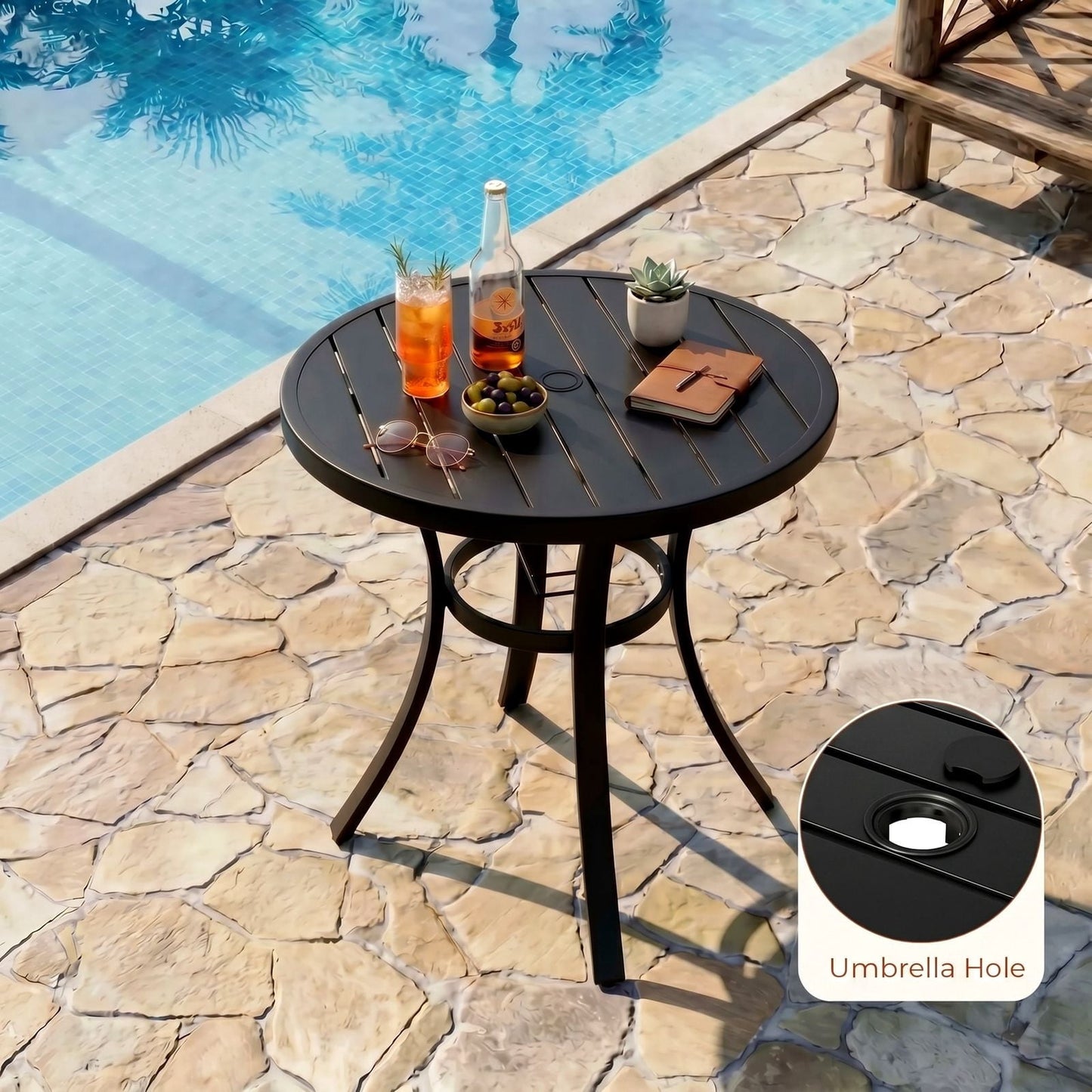 Pirecart Patio Table, Patio Dining Table with Adjustable Umbrella Hole & Foot Pads, Outdoor Round Dining Table , Metal Steel Frame & Non-Rust E-coating, for All Weather