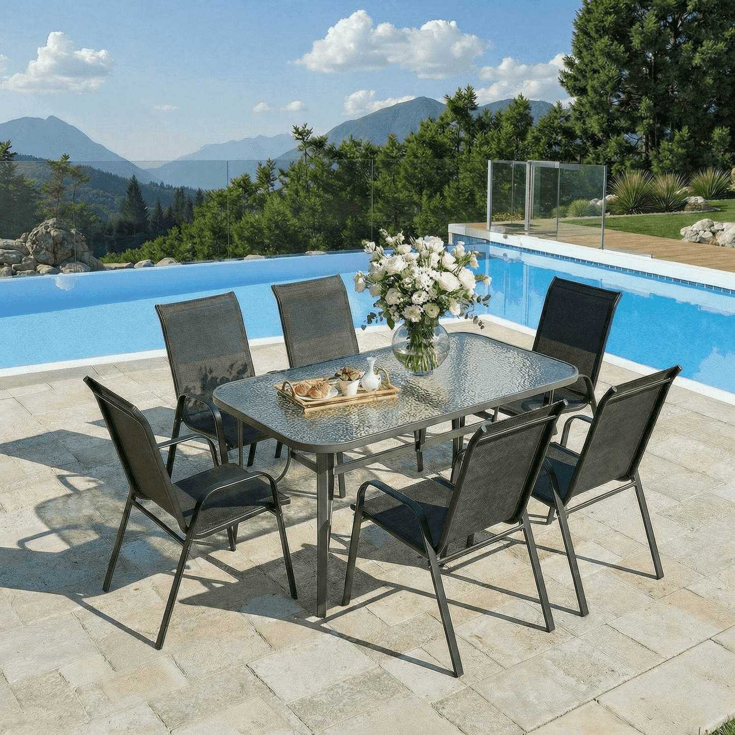 Pirecart Outdoor Table and Chair Set of 7, Textilene Patio Furniture Set Suitable for All Weather with Umbrella Hole, for Backyard Poolside