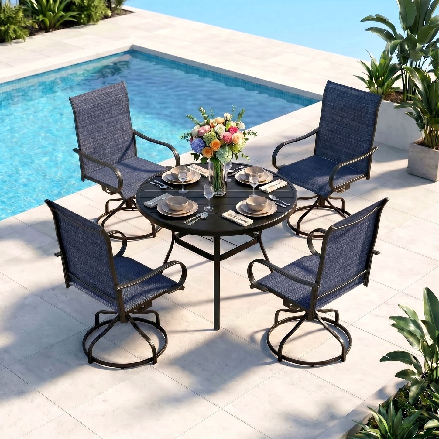 Pirecart 5Pcs Patio Dining Set, 4 Patio 360° Swivel Chairs & 42" Round Metal Table W/1.57"-1.8" Adjustable Umbrella Hole, Outdoor Table and Chairs Set