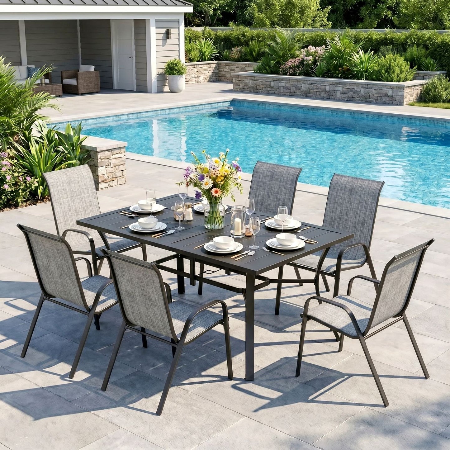 Pirecart 7Pcs Patio Dining Set, 63''x38'' Rectangular Metal Table with 6 Textilene Chairs, Outdoor Table and Chairs W/1.6" Adjustable Umbrella Hole & Foot Pads