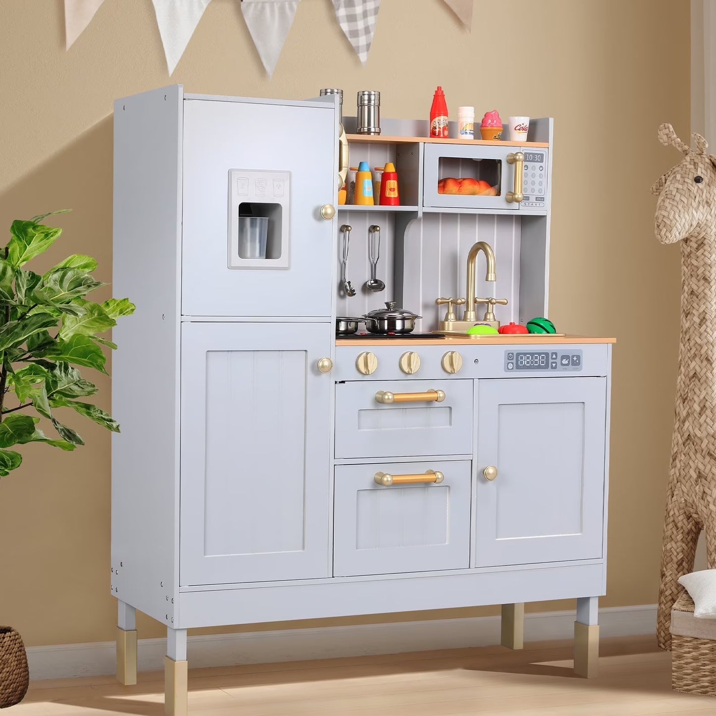 pirecart kids Play Kitchen Wooden Cooking Playset w/Realistic Light & Sound