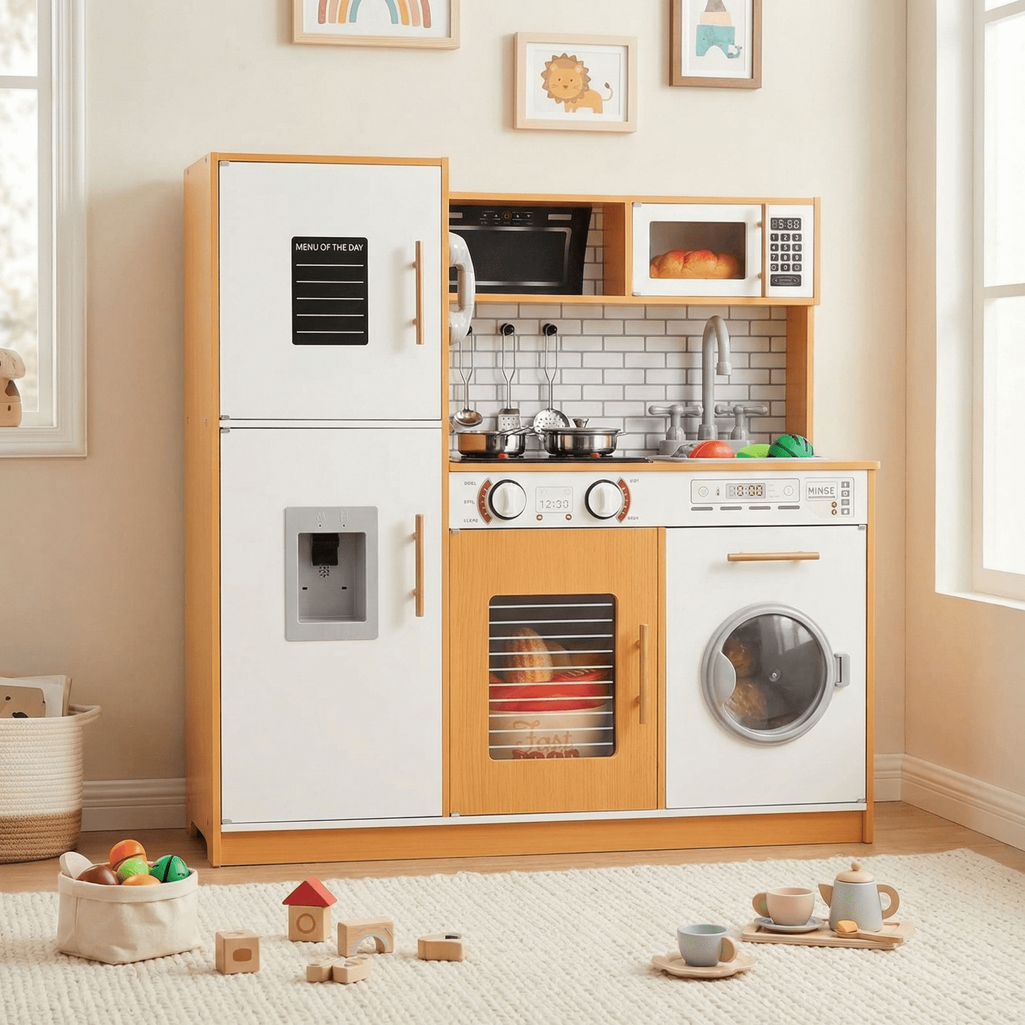 Pirecart Pretend Play Kitchen Kids Cooking Playset Toys with Water Dispense, Washing Machine, Real Sounds & Lights