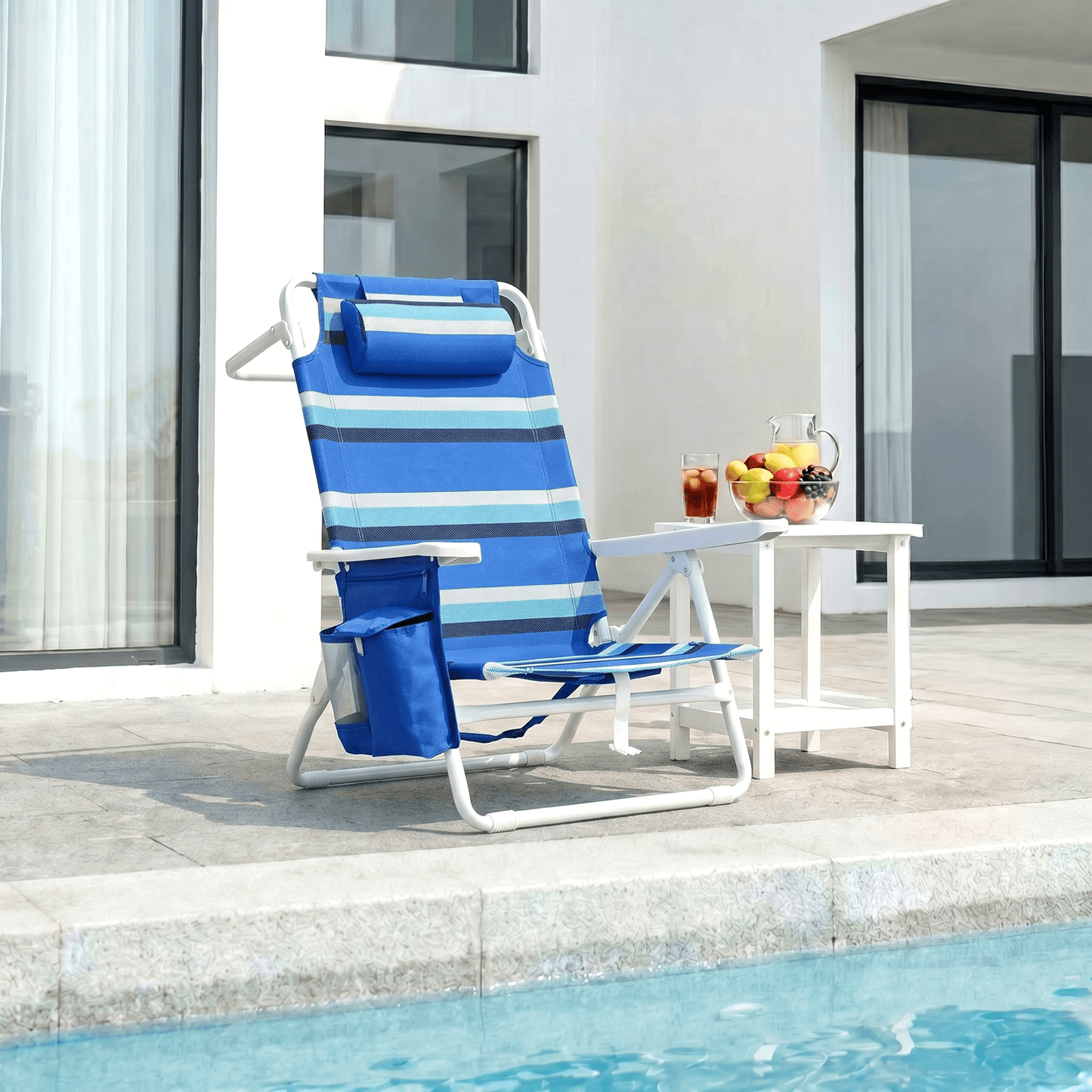 Foldable Beach Chair, 5-Position Lay Flat Reclining Beach Chair W/ Headrest, Storage Bag, Cooler Pouch,Towel Bar, Foot Mat