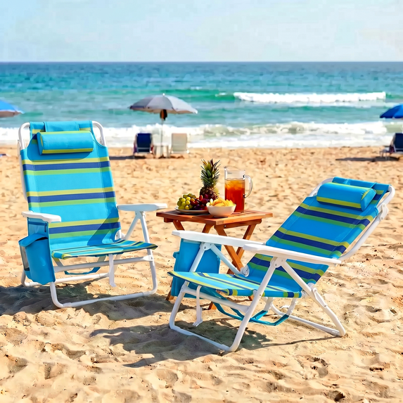 Foldable Beach Chair, 5-Position Lay Flat Reclining Beach Chair W/ Headrest, Storage Bag, Cooler Pouch,Towel Bar, Foot Mat