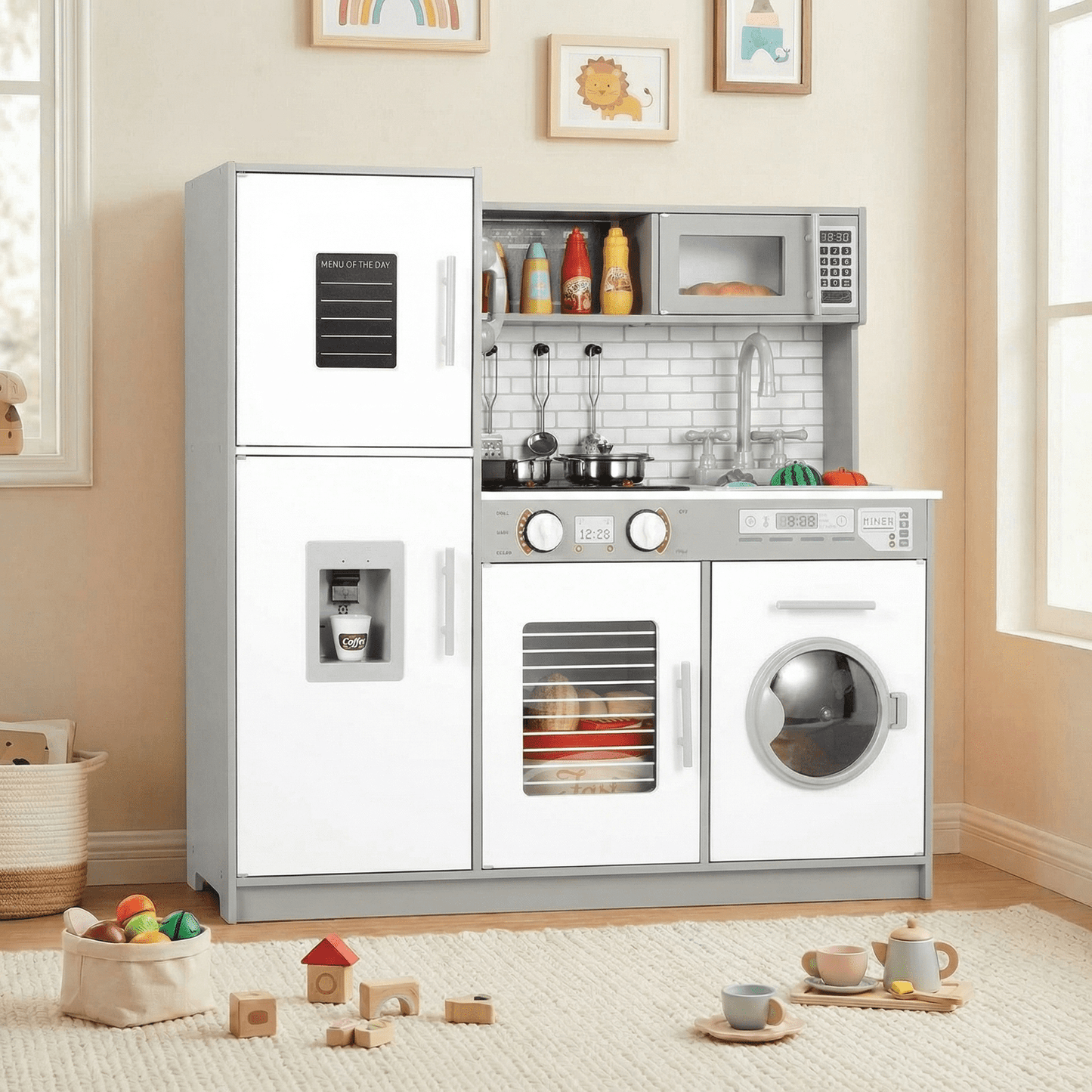 Pirecart Pretend Play Kitchen Kids Cooking Playset Toys with Water Dispense, Washing Machine, Real Sounds & Lights