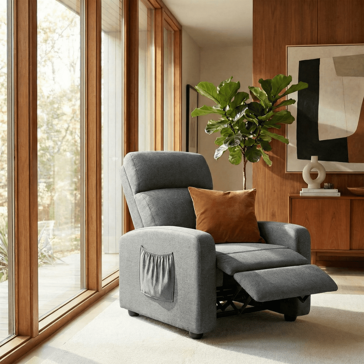 Pirecart Fabric Reclining Chair, Single Sofa Chair with Thicker Seat Cushion and a Side Pocket, Home Theater Seating with Adjustable Backrest and Footrest