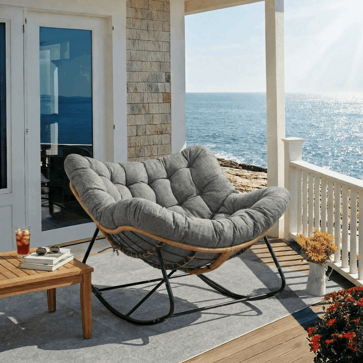 Pirecart Papasan Rocking Chair, Indoor Outdoor Comfy Papasan Chair, Wicker Egg Lounge Chair, Oversized Rocking Chair with Cushion for Living Room/Porch/Garden
