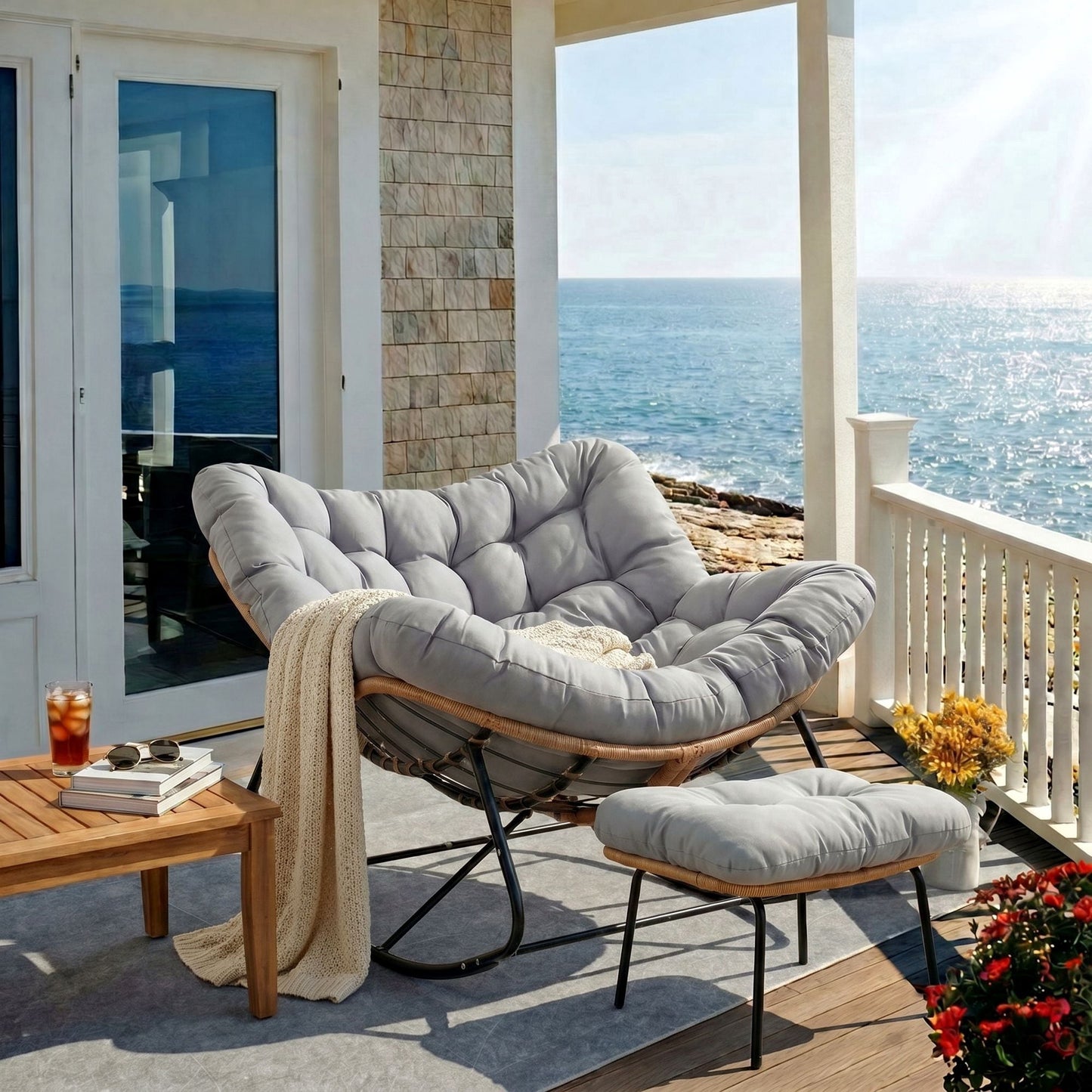Pirecart Papasan Rocking Chair, Indoor Outdoor Comfy Papasan Chair, Wicker Egg Lounge Chair, Oversized Rocking Chair with Cushion for Living Room/Porch/Garden