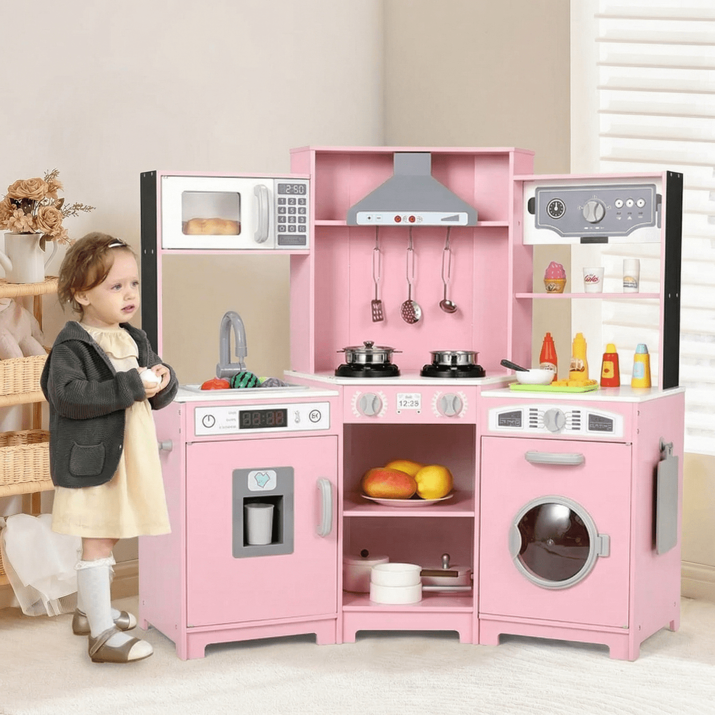 Pirecart Corner Kids Kitchen Playset Toddler Wooden Pretend Cooking Set with Realistic Light Sound, Removable Sink
