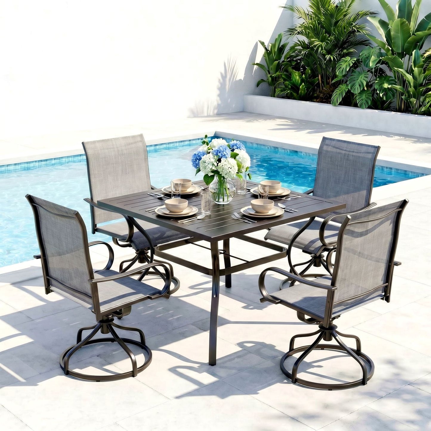 Pirecart 5 Piece Patio Dining Set, Outdoor Table and Chairs W/1.57"-1.8" Adjustable Umbrella Hole, 37" Square Metal Table and 4 Patio 360° Swivel Chairs