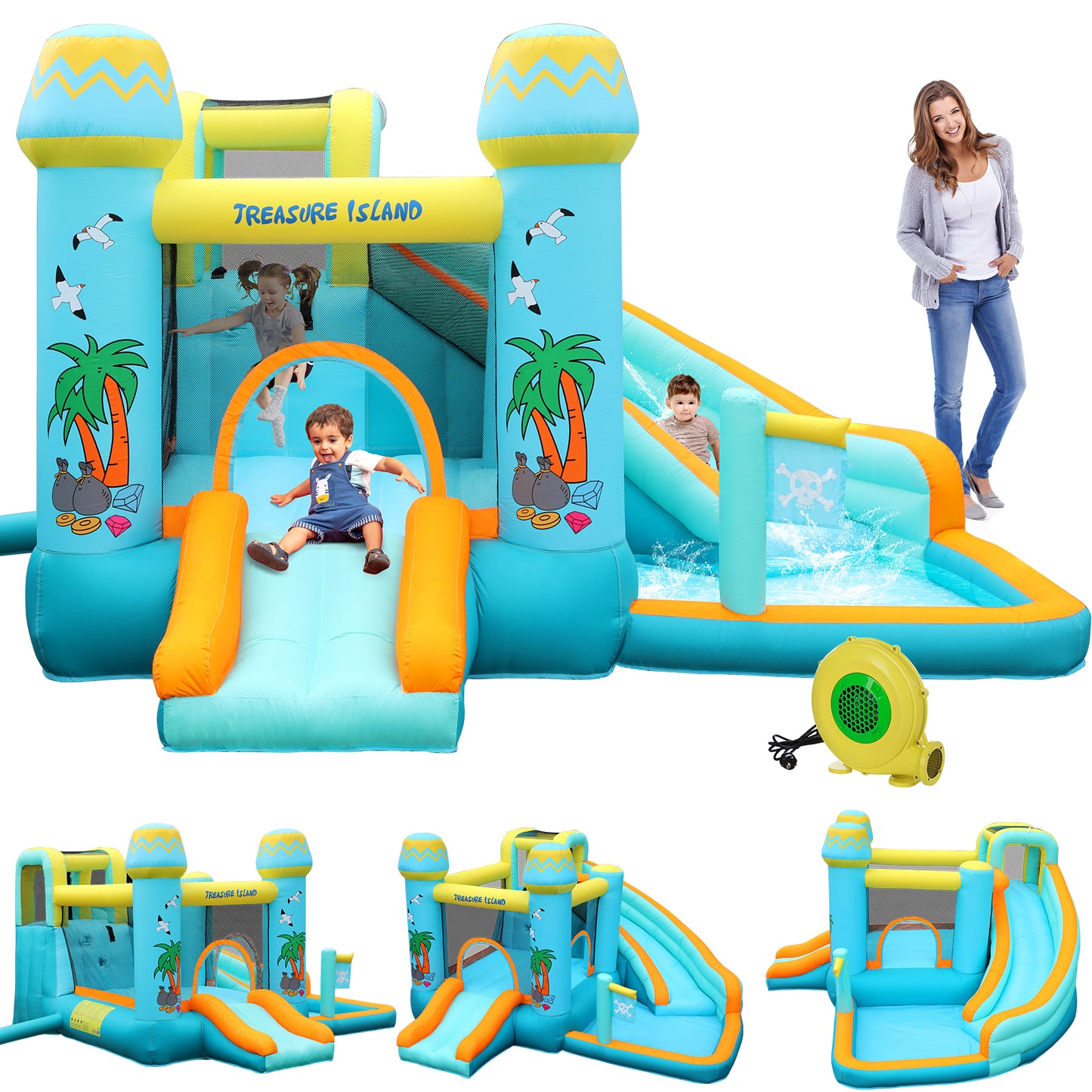 pirecart Inflatable Bounce House Kid Water Splash Pool Slide Jumping Castle with Blower