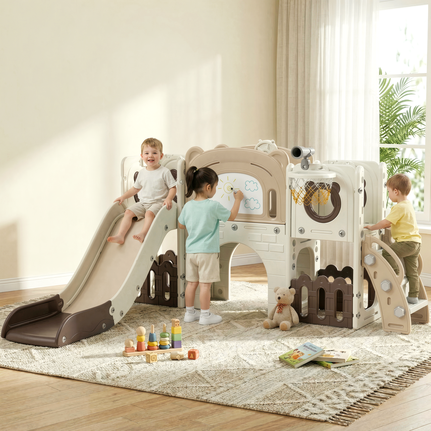 Pirecart 10-in-1 Kids Slide, Indoor Outdoor Toddler Slide Playground with Drawing Board, Basketball Hoop, Tunnel & Storage for Playroom, Kindergarten, Backyard, Gift for Children Age 3+