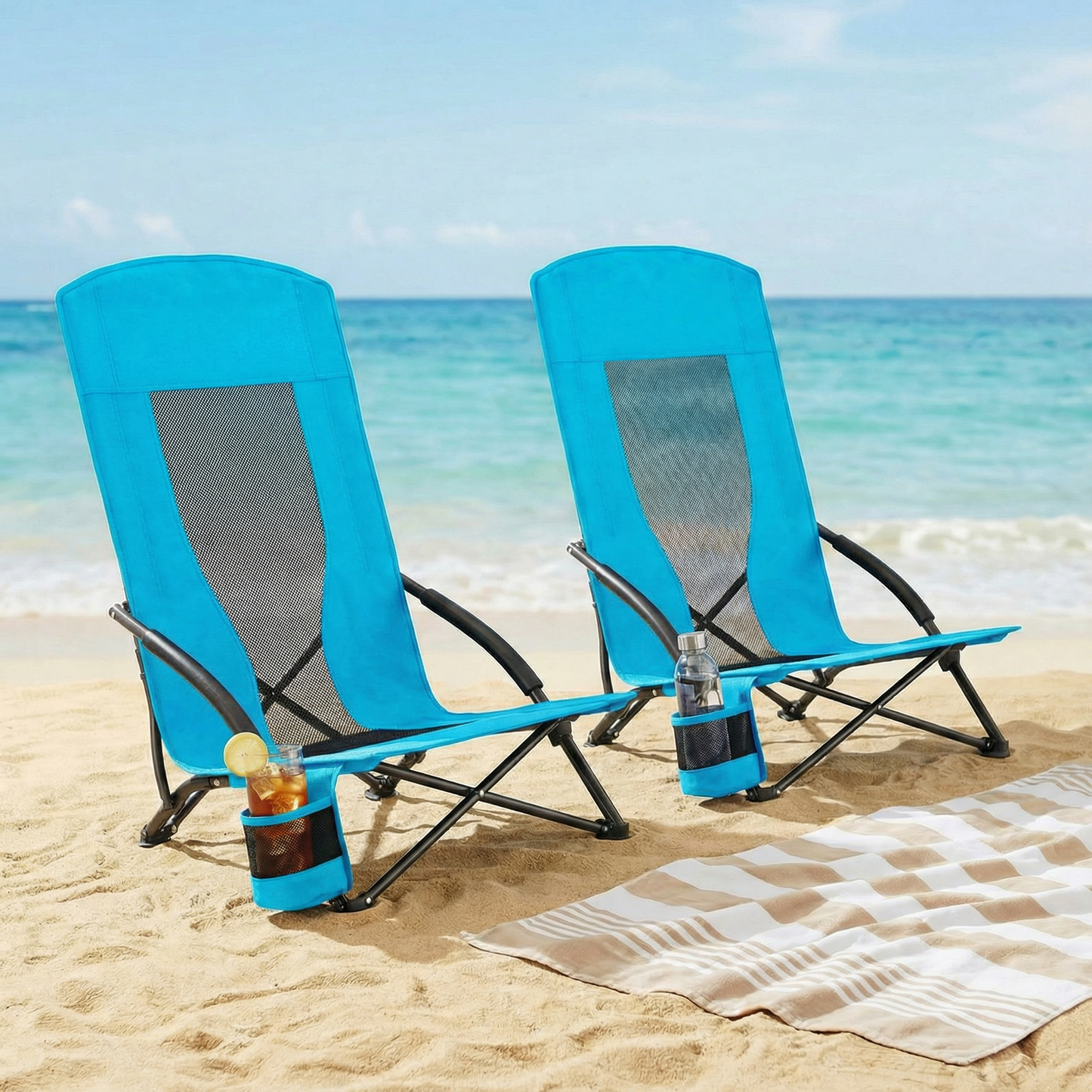 Pirecart 28.5″ High Back Folding Beach Chair, 2 PCS Portable Low Beach Chair W/ Mesh Back & Padded Armrest, Cup Holder, for Camping, Outdoor, Travel
