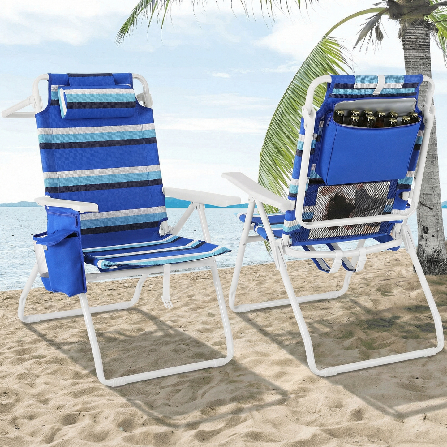 Pirecart Tall Beach Chairs for Adults, Portable Beach Chairs W/ 5-Position Lay Flat & Cooler Pouch, for Beach, Camp, Outdoor