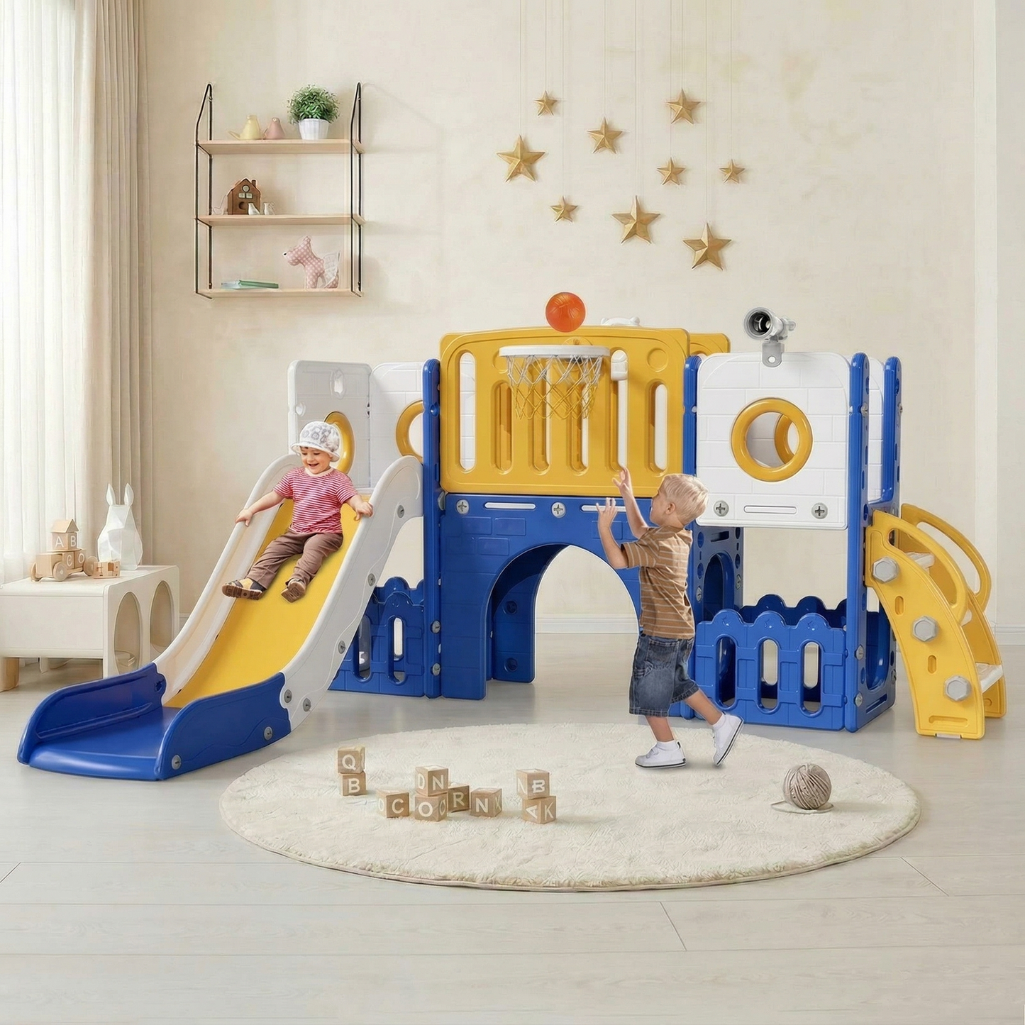 Pirecart Large Toddler Slide, Indoor Outdoor Kids Climber Playset with Basketball Hoop, Storage Space, Tunnel for Boys and Girls