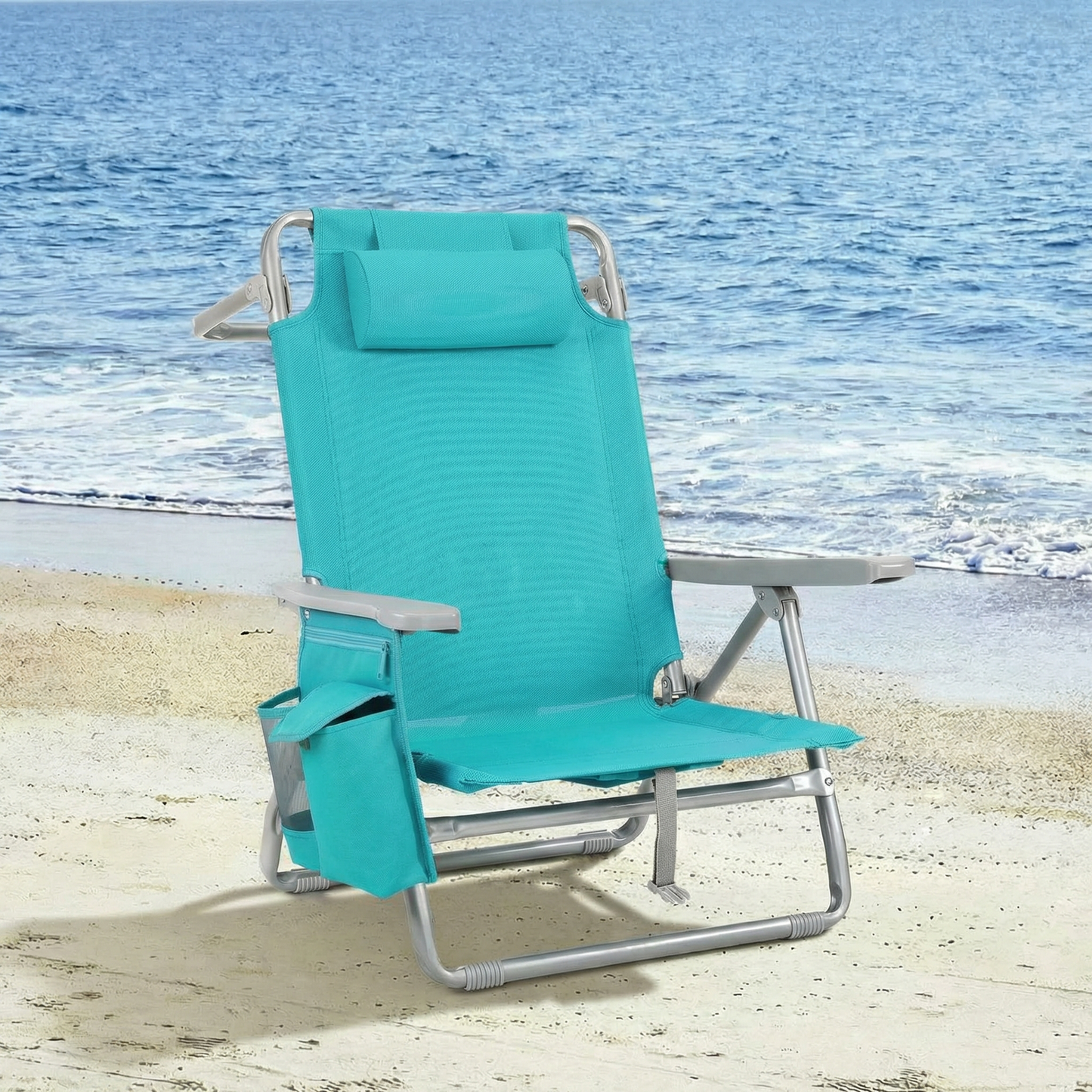 Foldable Beach Chair, 5-Position Lay Flat Reclining Beach Chair W/ Headrest, Storage Bag, Cooler Pouch,Towel Bar, Foot Mat