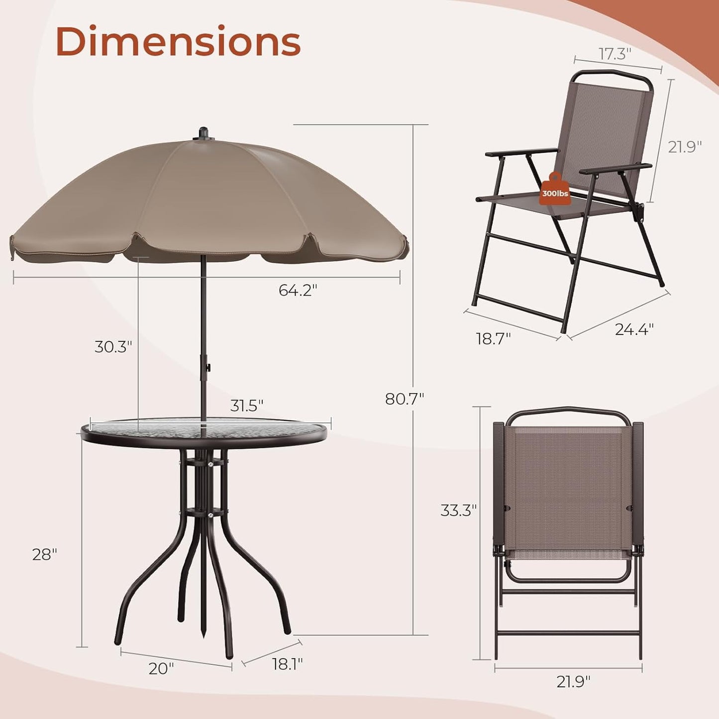 Pirecart Patio Dining Set of 6, Outdoor Table and Chairs Set with 65″ Umbrella, 31.5″ Round Glass Table & 4 Folding Textilene Chairs, Outdoor Dining Set