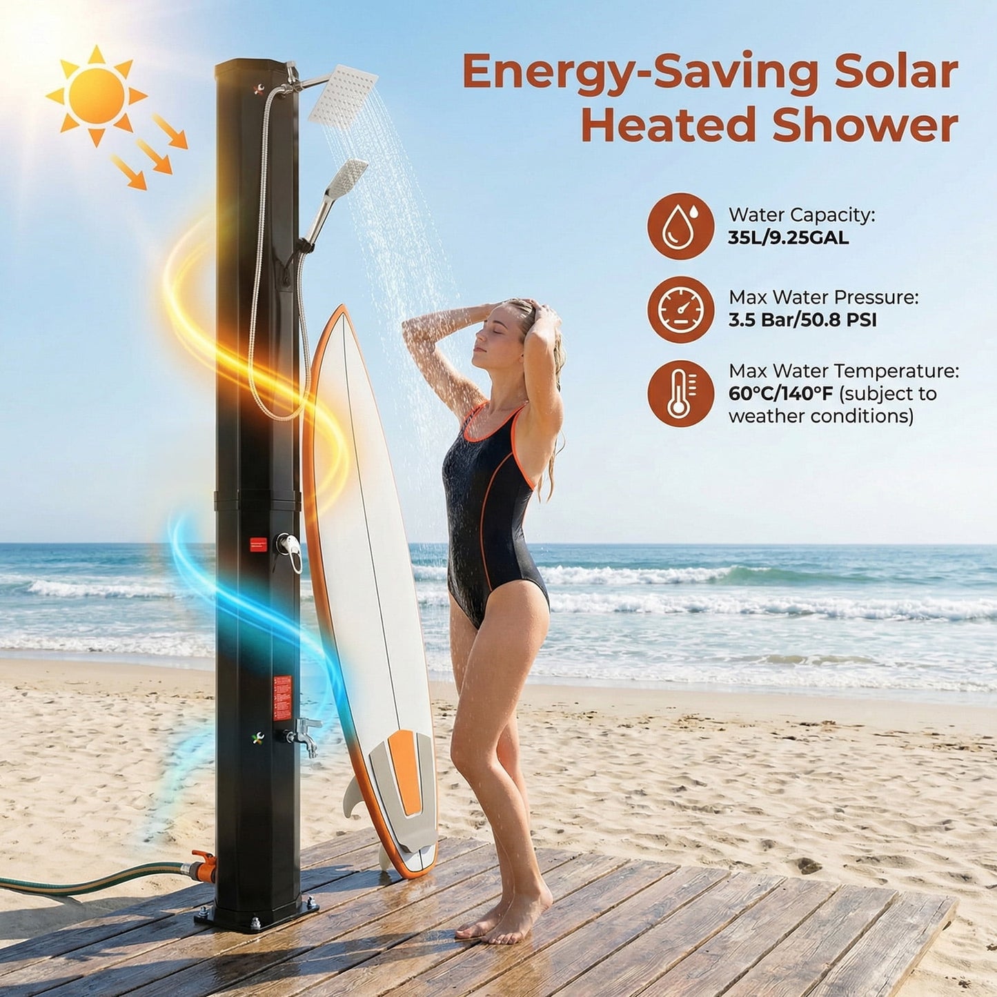Pirecart Solar Heated Shower with Handheld Head, Outdoor PVC Freestanding Shower W/360 Rotating Rainfall, Temperature Adjustment & Foot Faucet, for Poolside