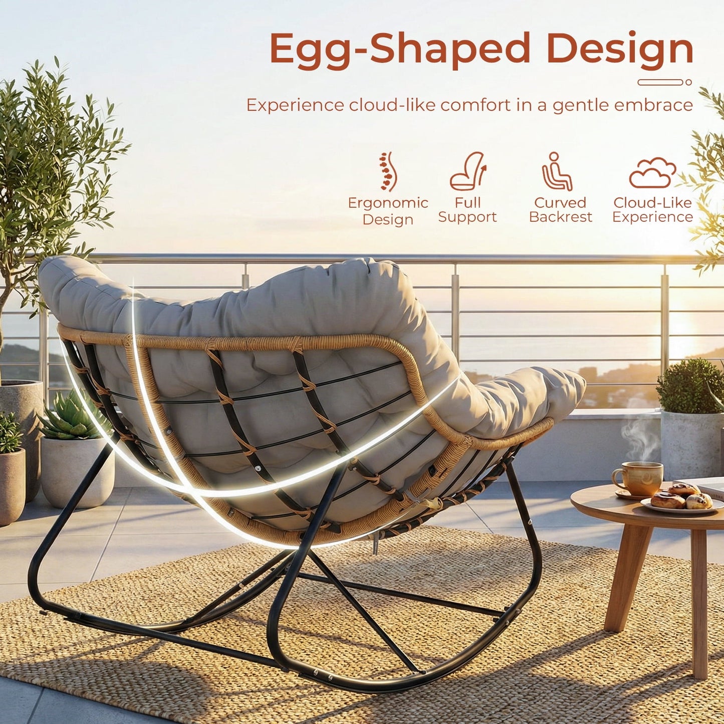 Pirecart Papasan Rocking Chair, Indoor Outdoor Comfy Papasan Chair, Wicker Egg Lounge Chair, Oversized Rocking Chair with Cushion for Living Room/Porch/Garden