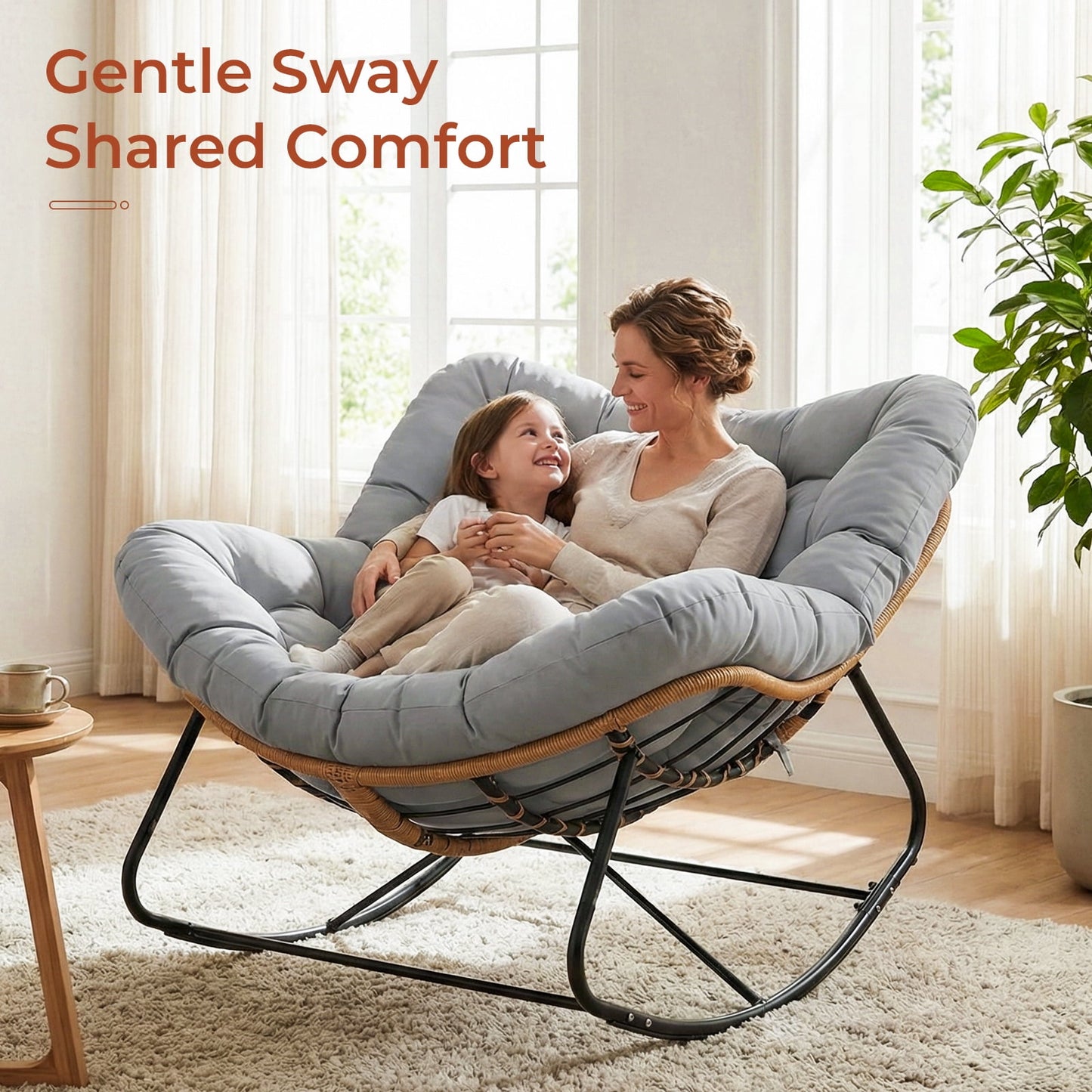 Pirecart Papasan Rocking Chair, Indoor Outdoor Comfy Papasan Chair, Wicker Egg Lounge Chair, Oversized Rocking Chair with Cushion for Living Room/Porch/Garden