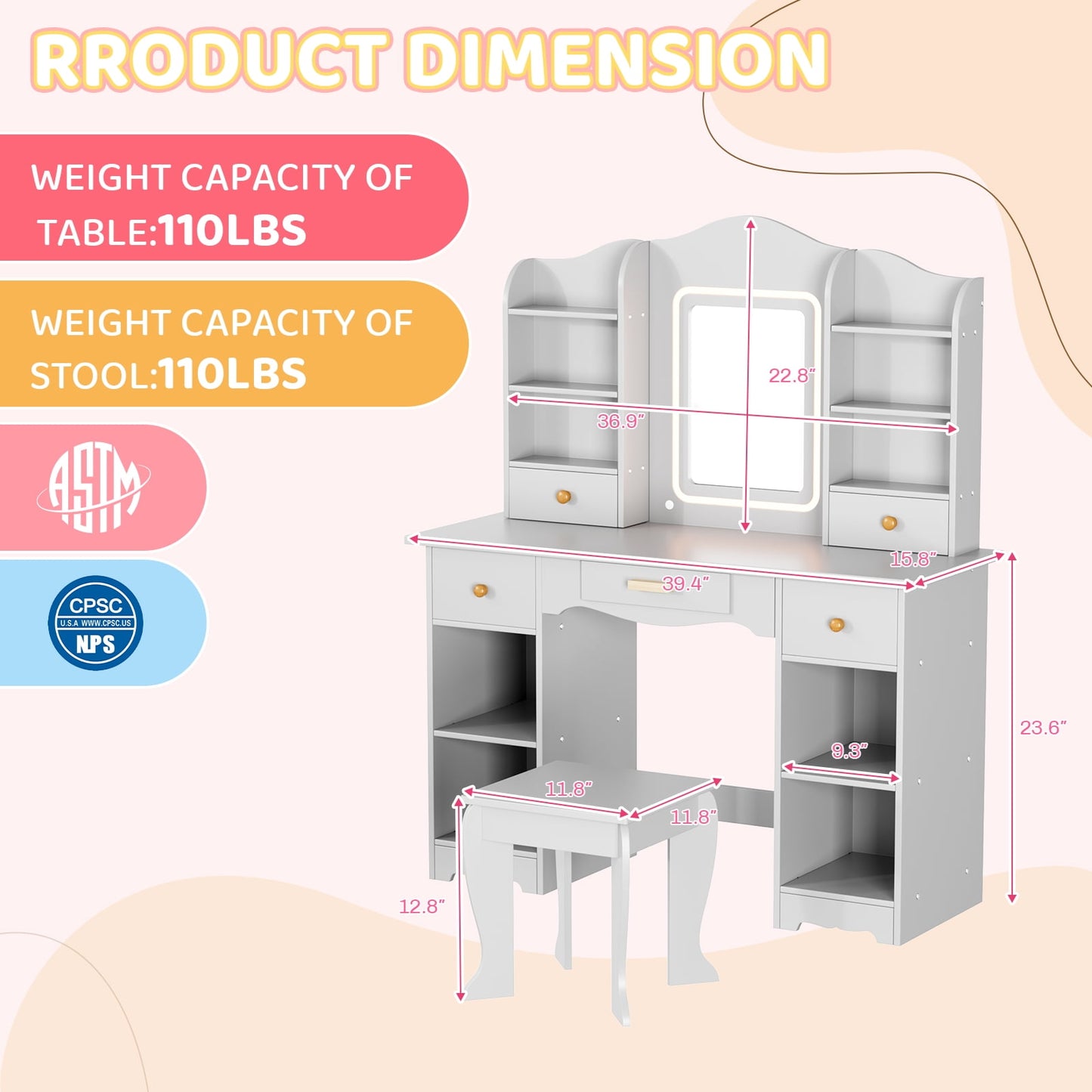 Pirecart Kids Vanity with 3 Color Lights, Girls Vanity Set with Mirror, Storage Drawer, Pretend Play Makeup Desk, with Detachable shelf