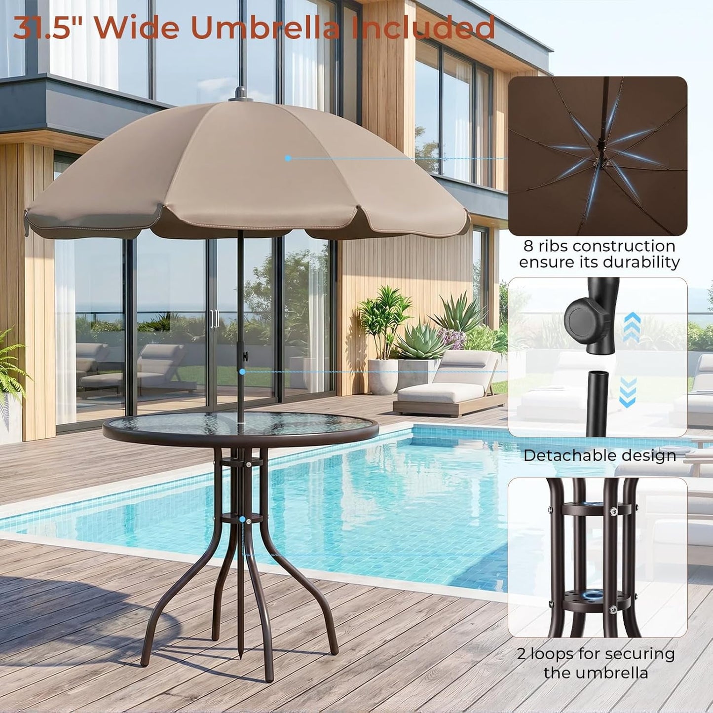 Pirecart Patio Dining Set of 6, Outdoor Table and Chairs Set with 65″ Umbrella, 31.5″ Round Glass Table & 4 Folding Textilene Chairs, Outdoor Dining Set