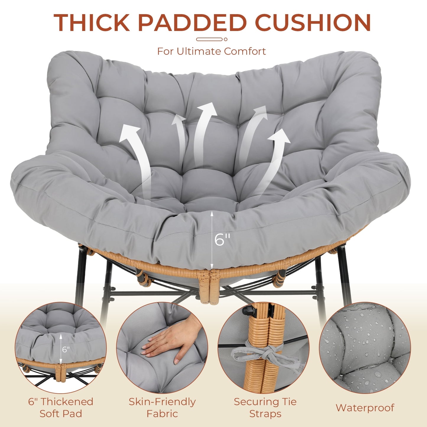 Pirecart Papasan Rocking Chair, Indoor Outdoor Comfy Papasan Chair, Wicker Egg Lounge Chair, Oversized Rocking Chair with Cushion for Living Room/Porch/Garden