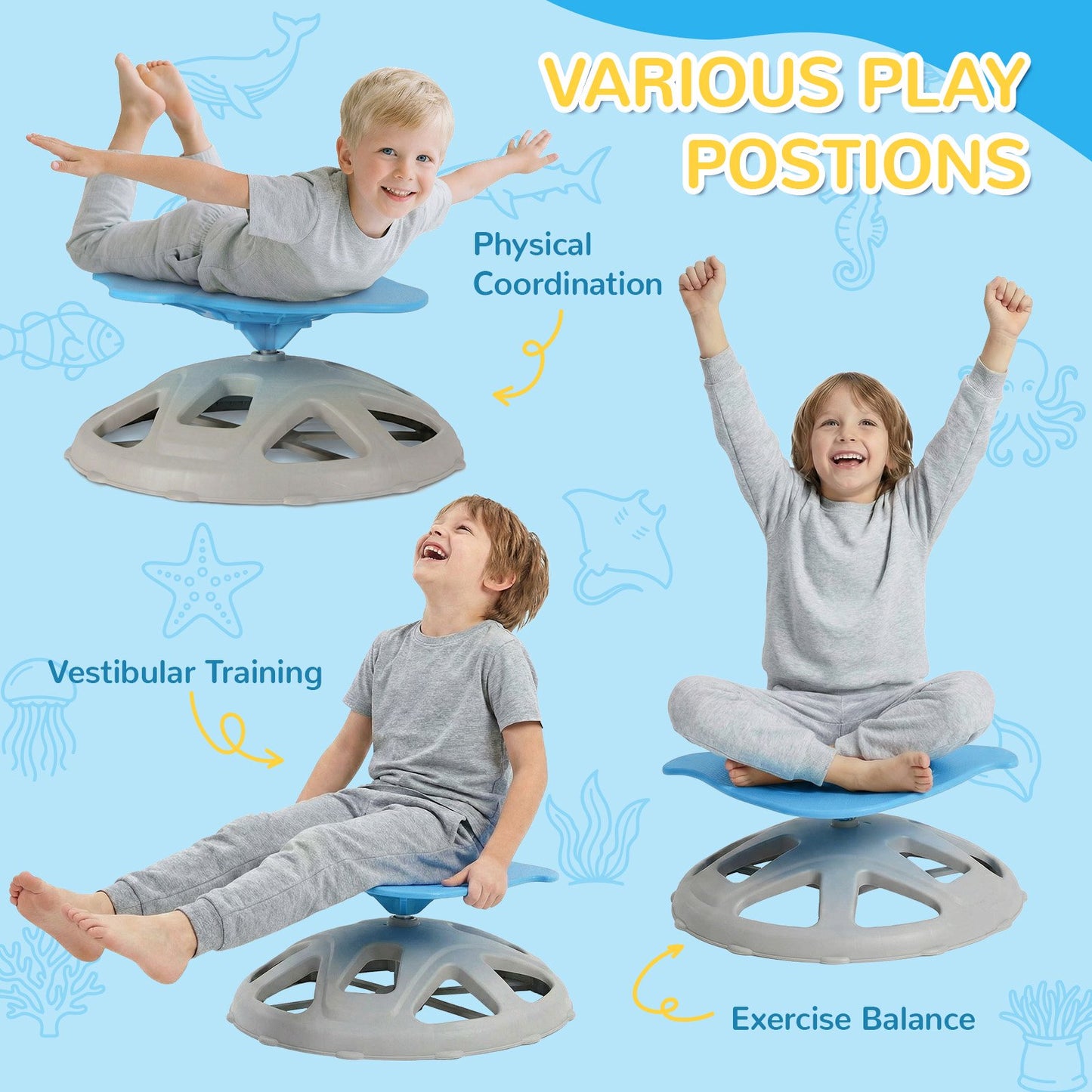 Pirecart Manta-Shaped Spinning Chair for Autistic Kids, Sensory Swivel Chair for Training Body Coordination, Sit and Spin Toys W/ Upgraded Base for ADHD Child