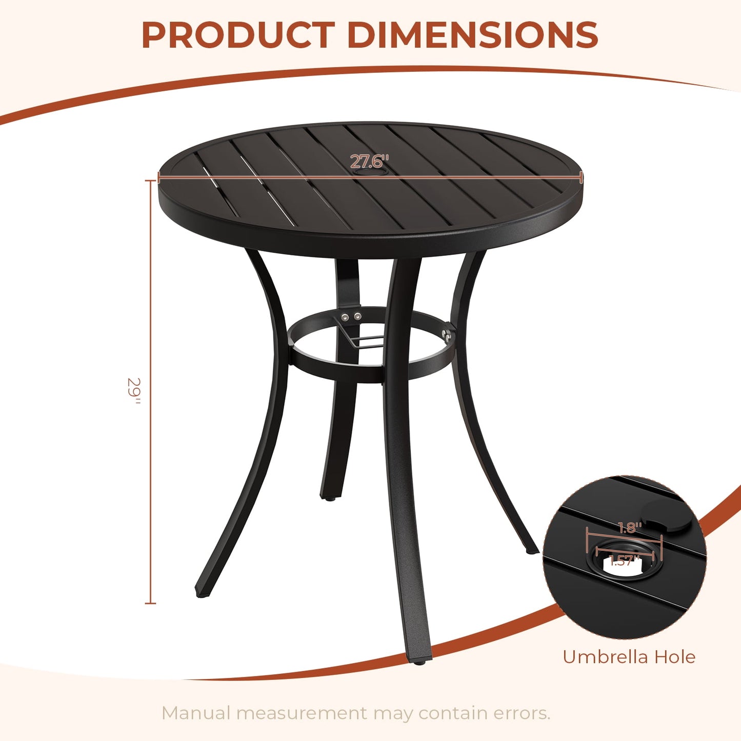 Pirecart Patio Table, Patio Dining Table with Adjustable Umbrella Hole & Foot Pads, Outdoor Round Dining Table , Metal Steel Frame & Non-Rust E-coating, for All Weather