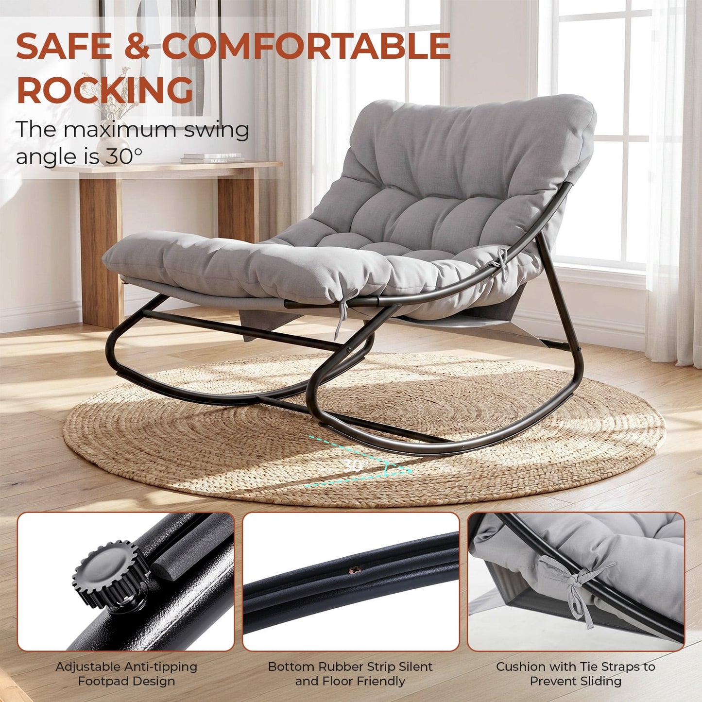 Pirecart Outdoor Papasan Rocking Chair, Lounge Chair with Cushion & Side Pocket, Metal Frame, Patio Rocker Chair for Balcony Backyard