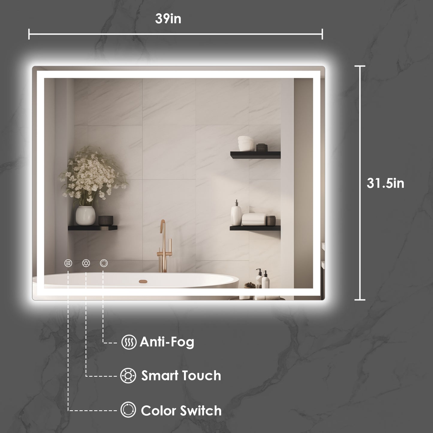 pirecart Bathroom LED Mirror Wall Mounted Vanity Mirror with Anti-Fog (Front & Backlit)