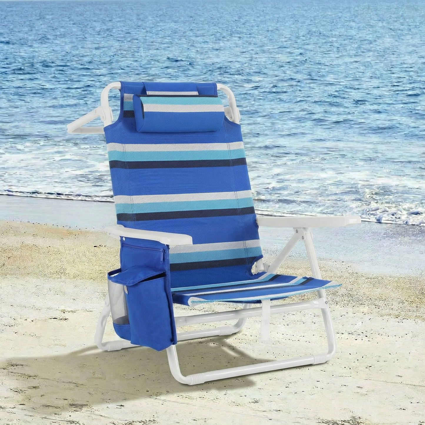 Foldable Beach Chair, 5-Position Lay Flat Reclining Beach Chair W/ Headrest, Storage Bag, Cooler Pouch,Towel Bar, Foot Mat