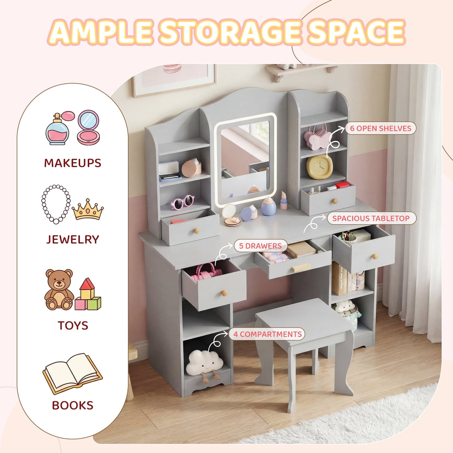 Pirecart Kids Vanity with 3 Color Lights, Girls Vanity Set with Mirror, Storage Drawer, Pretend Play Makeup Desk, with Detachable shelf