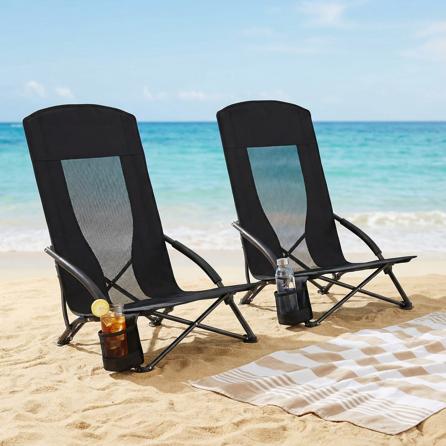 Pirecart 28.5″ High Back Folding Beach Chair, 2 PCS Portable Low Beach Chair W/ Mesh Back & Padded Armrest, Cup Holder, for Camping, Outdoor, Travel