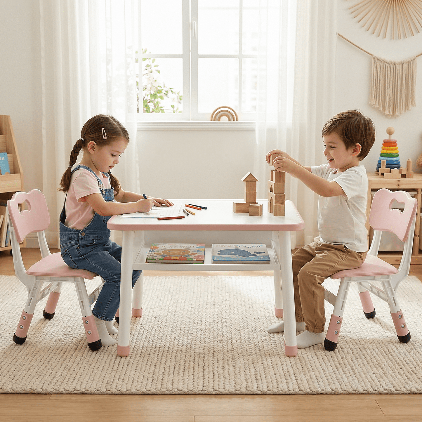 Pirecart Kids Table and 2 Chairs Set, Toddler Activity Table with Graffiti Desktop & Adjustable Height Toddler Chair, Children Activity Table with Large Built-in Storage