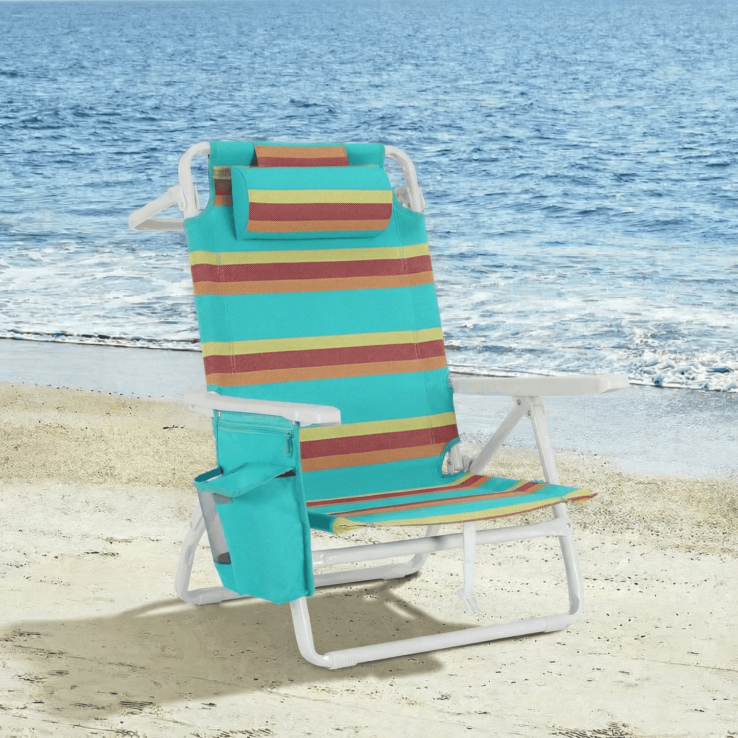 Foldable Beach Chair, 5-Position Lay Flat Reclining Beach Chair W/ Headrest, Storage Bag, Cooler Pouch,Towel Bar, Foot Mat