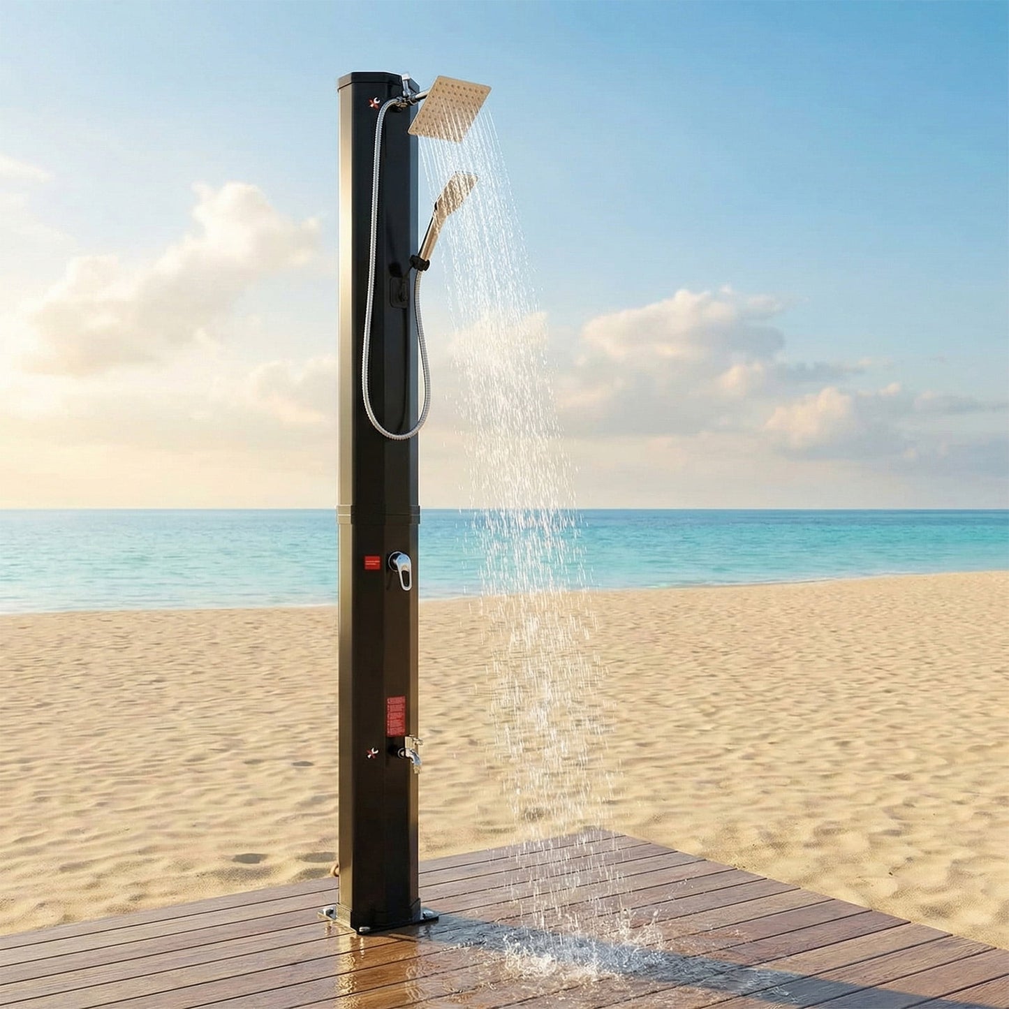 Pirecart Solar Heated Shower with Handheld Head, Outdoor PVC Freestanding Shower W/360 Rotating Rainfall, Temperature Adjustment & Foot Faucet, for Poolside