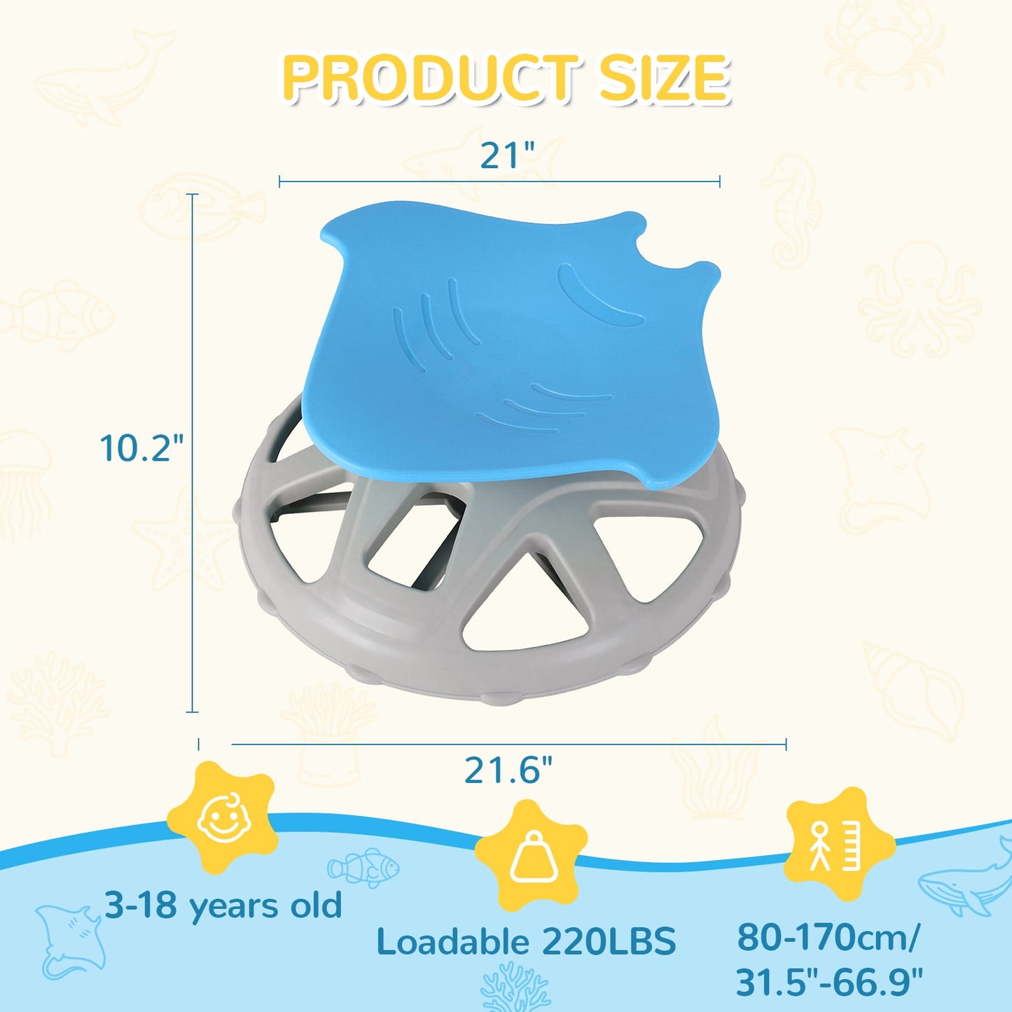 Pirecart Manta-Shaped Spinning Chair for Autistic Kids, Sensory Swivel Chair for Training Body Coordination, Sit and Spin Toys W/ Upgraded Base for ADHD Child
