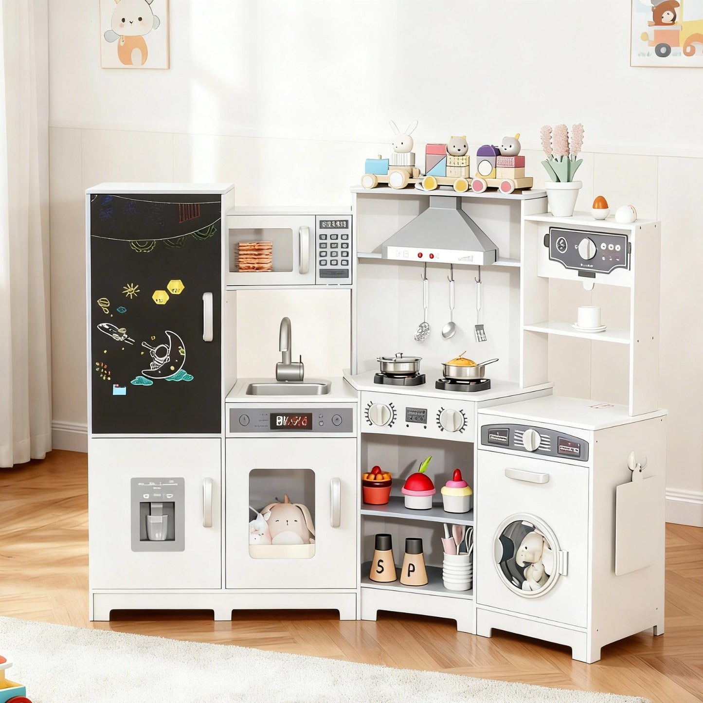 Pirecart Wooden Corner Play Kitchen, Kids Play Kitchen with Blackboard and 6Pcs Cooking Accessories, Toddler Play Kitchen Set with Realistic Sound & Light