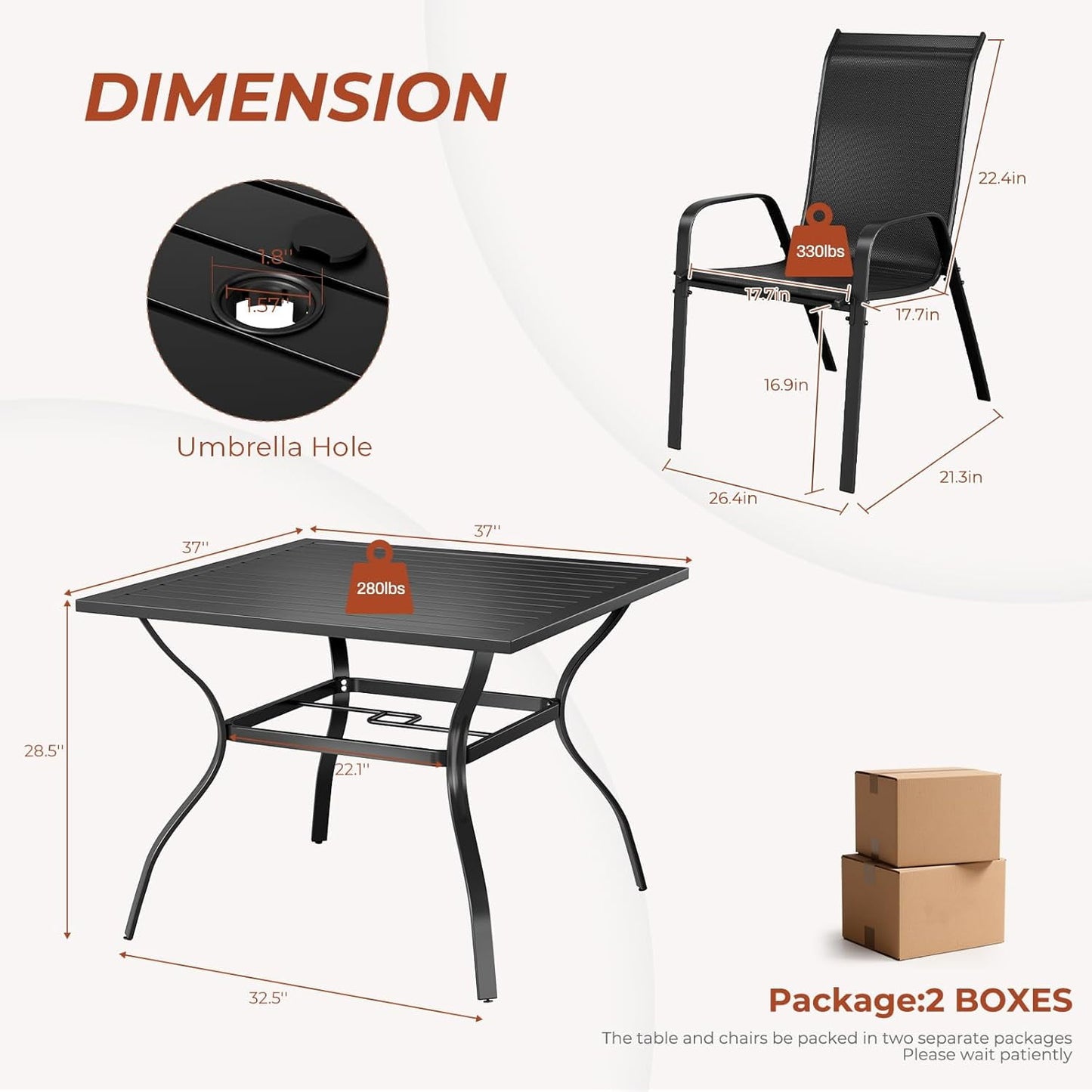 Pirecart Outdoor Dining Set of 5, Patio Dining Set W/1.57"-1.8" Adjustable Umbrella Hole & Foot Pads, All Weather 37" Square Metal Table and 4 Stackable Textilene Chair