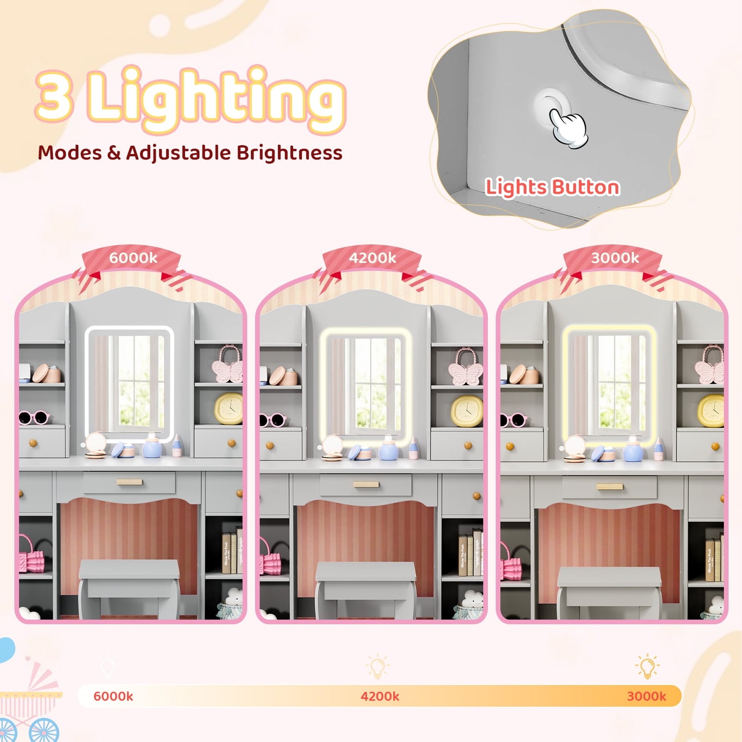 Pirecart Kids Vanity with 3 Color Lights, Girls Vanity Set with Mirror, Storage Drawer, Pretend Play Makeup Desk, with Detachable shelf