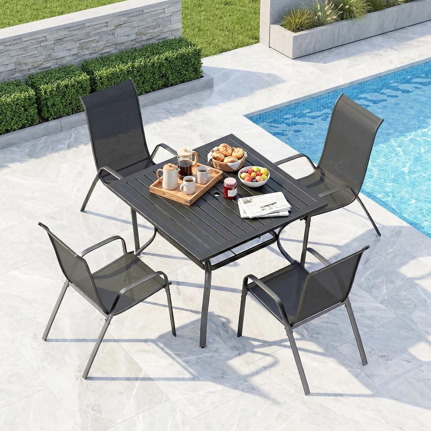 Pirecart Outdoor Dining Set of 5, Patio Dining Set W/1.57"-1.8" Adjustable Umbrella Hole & Foot Pads, All Weather 37" Square Metal Table and 4 Stackable Textilene Chair