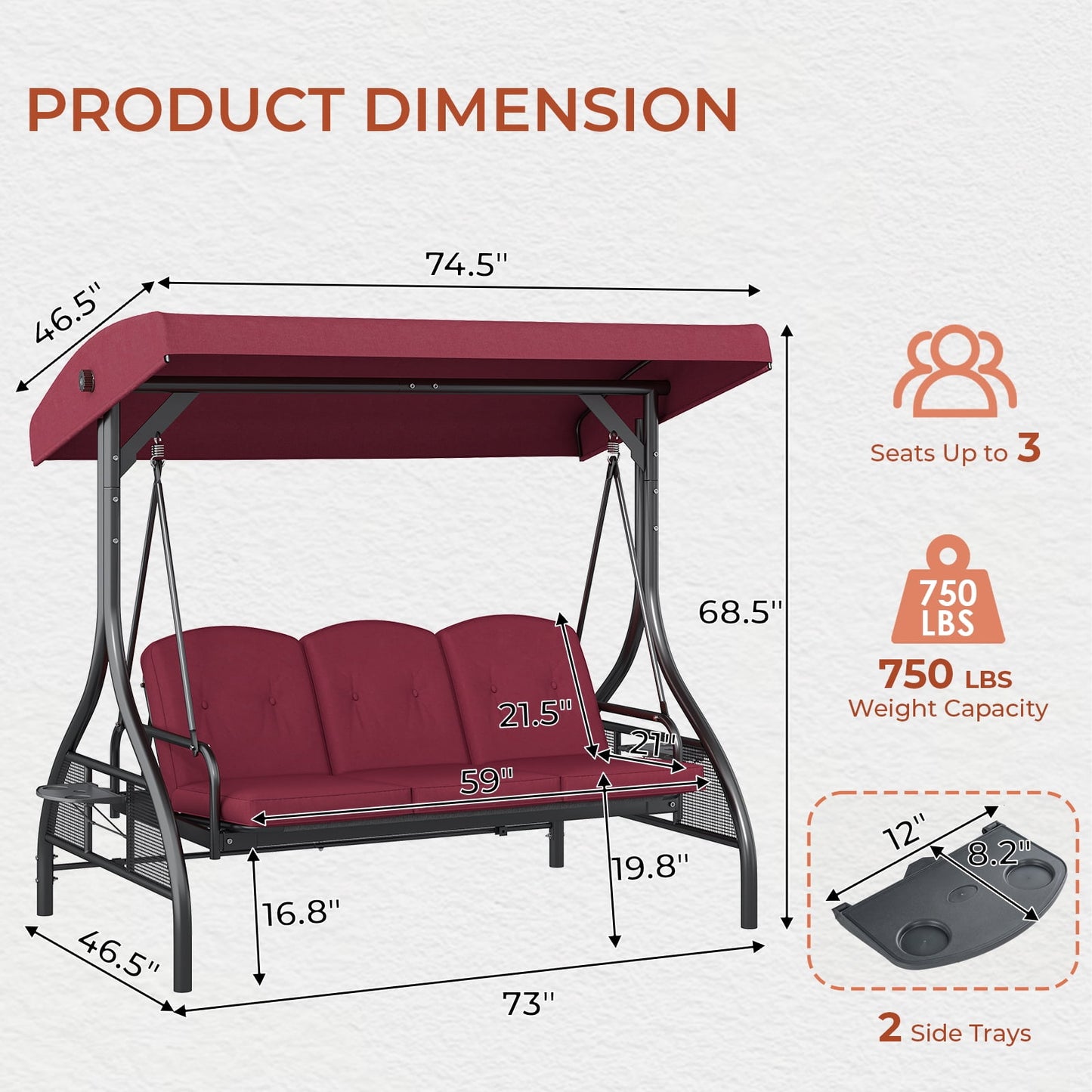 Pirecart Patio Porch Swing, 3 Seat Porch Swing with Stand and Adjustable Canopy, Outdoor Swing with Cup Holder & 180° Reclining Chair Back for Yard Garden Deck